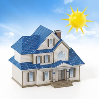 Luxury house covered with solar panels colllecting sunbeam. 3D illustration.