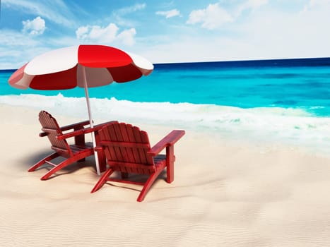 Umbrella and two sunbeds standing on the beach by the seashore. 3D illustration.