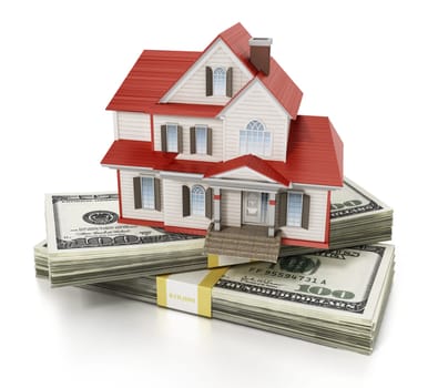 House standing on lots of 100 dollar bills. 3D illustration.