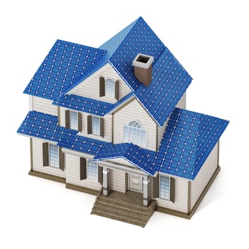 Luxury house covered with solar panels colllecting sunbeam. 3D illustration.