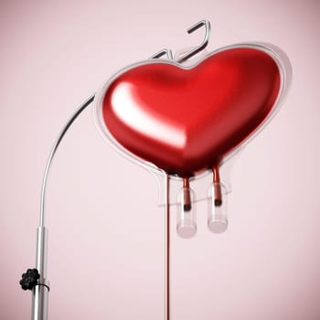 Blood inside heart shaped bag. 3D illustration.