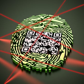 Generic QR code inside fingerprint being scanned. 3D illustration.