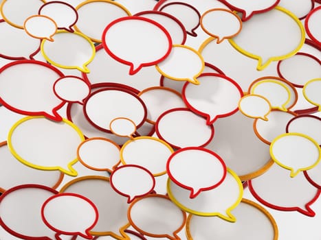 Red, yellow, and orange speech balloons forming a background. 3D illustration.