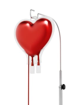 Blood inside heart shaped bag. 3D illustration.