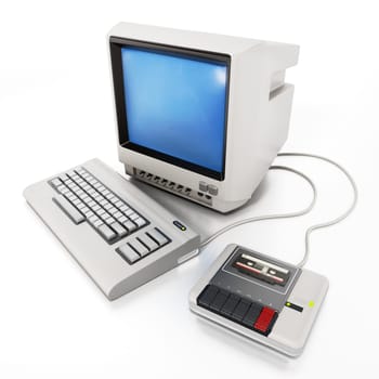 Vintage personal computer with cassette reader. 3D illustration.