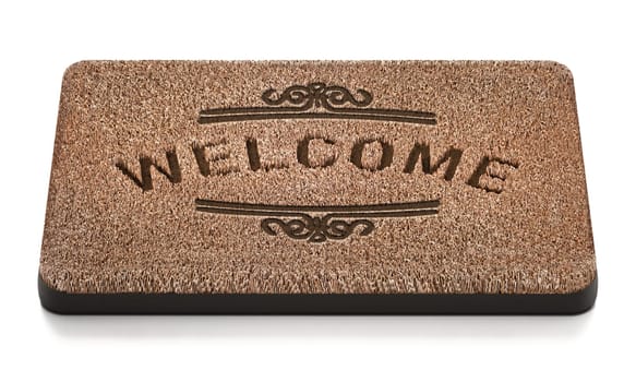 Door mat with welcome text isolated on white background. 3D illustration.