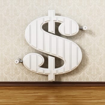 Dollar shaped radiator hanging on the wall. 3D illustration.
