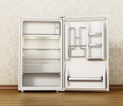 Small size hotel refrigerator standing on parquet floor. 3D illustration.