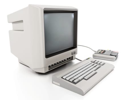 Vintage personal computer with cassette reader. 3D illustration.