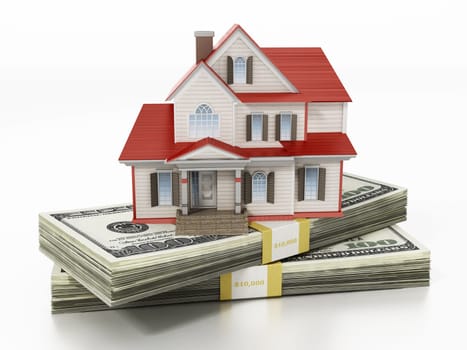 House standing on lots of 100 dollar bills. 3D illustration.