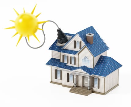 Luxury house covered with solar panels colllecting sunbeam. 3D illustration.