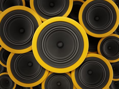 Black and yellow speakers background. 3D illustration.