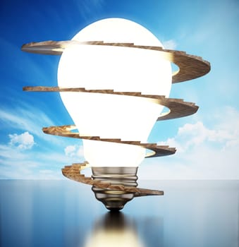 Spiral stairs around lit lightbulb. 3D illustration.