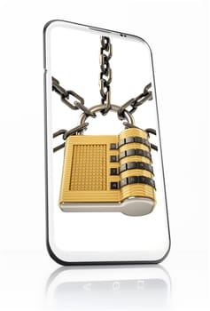 Padlock and chain on smartphone screen. 3D illustration.