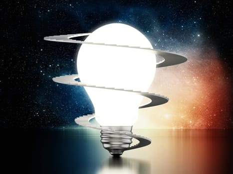 Spiral stairs around lit lightbulb. 3D illustration.