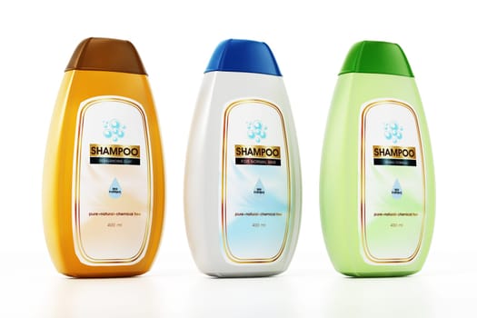 Generic shampoo bottle and label designs isolated on white background. 3D illustration.