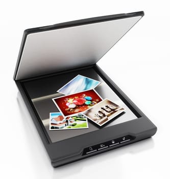Photos being scanned inside modern scanner. 3D illustration.