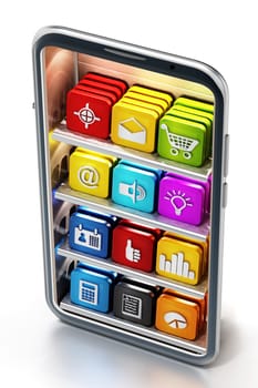 Smartphone with application softwares on the shelves. 3D illustration.