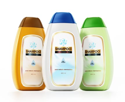 Generic shampoo bottle and label designs isolated on white background. 3D illustration.
