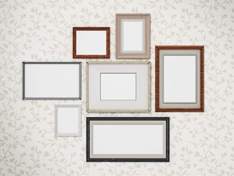Picture frames arranged on the wall. 3D dimensional.