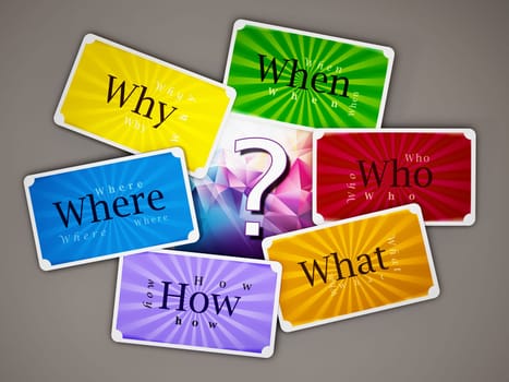 When, where, who, what, how question cards on gray background 3D illustration