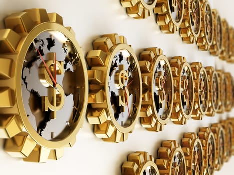 Gear shaped clocks with dollar sign. Earth map at the center. 3D illustration.