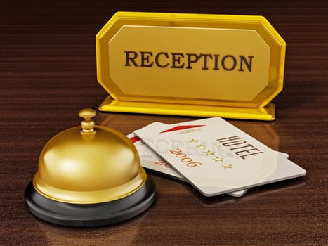 Hotel key card, bell and reception sign on hotel front desk. 3D illustration.
