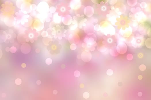 Abstract fresh vivid spring summer light delicate pastel pink yellow bokeh background texture with bright soft color cherry blossoms and flowers. Card concept. Beautiful backdrop illustration.