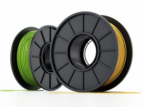Generic new spools of 3D filaments isolated on white background. 3D illustration.