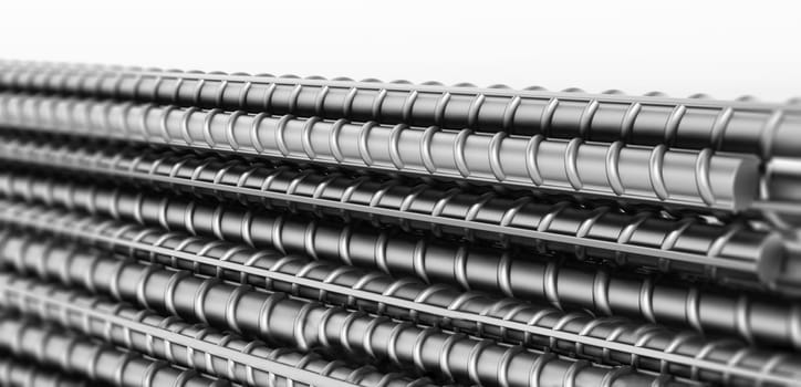 Group of iron construction bars detail. 3D illustration.