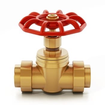 Brass water valve isolated on white background. 3D illustration.