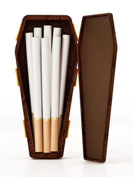 Cigarettes inside half open coffin isolated on white background. 3D illustration.