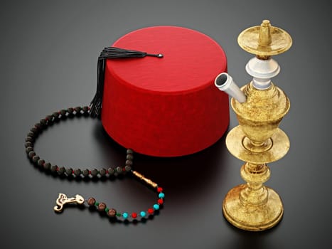 Red fez hat, prayer beads and hookah. 3D illustration.