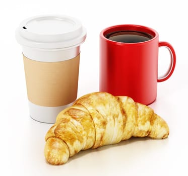 Coffe mug, cup and croissant isolated on white background. 3D illustration.