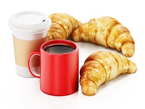 Coffe mug, cup and croissants isolated on white background. 3D illustration.