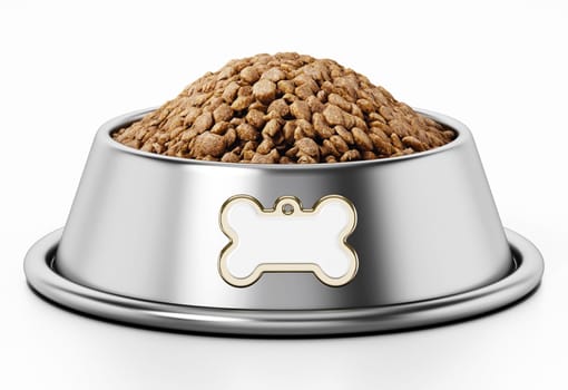 Dog food in steel bowl. 3D illustration.