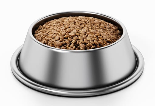 Dog food in steel bowl. 3D illustration.