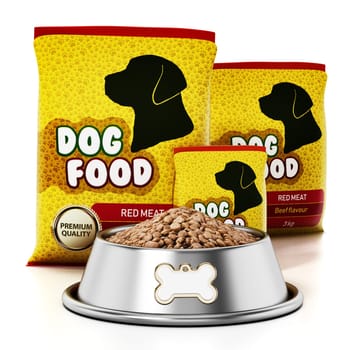 Packages and dog food in steel bowl. 3D illustration.