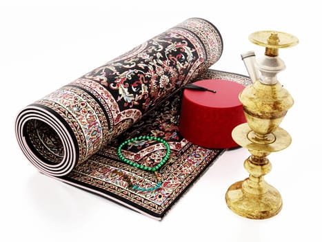 Red fez, carpet, prayer beads and hookah. 3D illustration