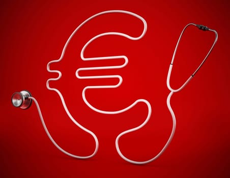 Stethoscope cord forming shape of Euro symbol. 3D illustration.