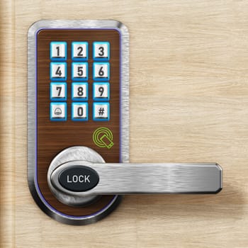 Digital security keypad and knob on door. 3D illustration.