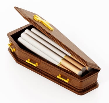 Cigarettes inside half open coffin isolated on white background. 3D illustration.