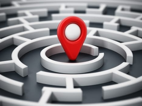 Red navigation marker at the center of round maze. 3D illustration.