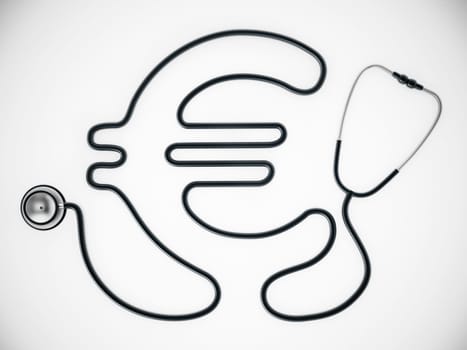 Stethoscope cord forming shape of Euro symbol. 3D illustration.