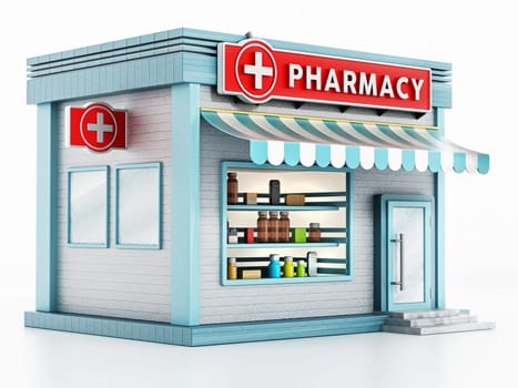 Pharmacy building isolated on white background. 3D illustration.