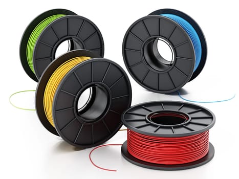 Generic new spools of 3D filaments isolated on white background. 3D illustration.