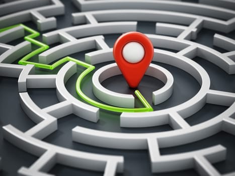 Red navigation marker at the center of round maze. 3D illustration.