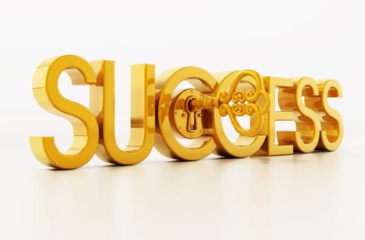 Golden key unlocking success word. 3D illustration.