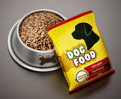 Package and dog food in steel bowl. 3D illustration.