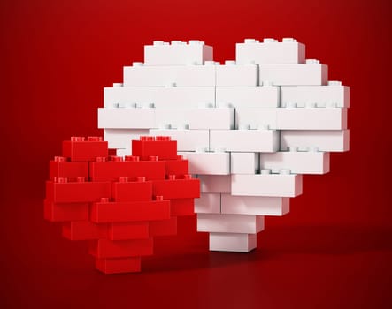Red and white building blocks forming big and small heart shapes. 3D illustration.